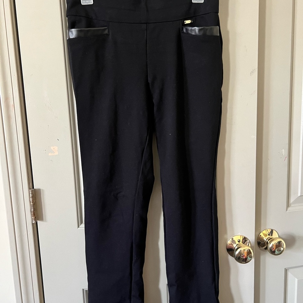 Black dress pants with faux leather pockets